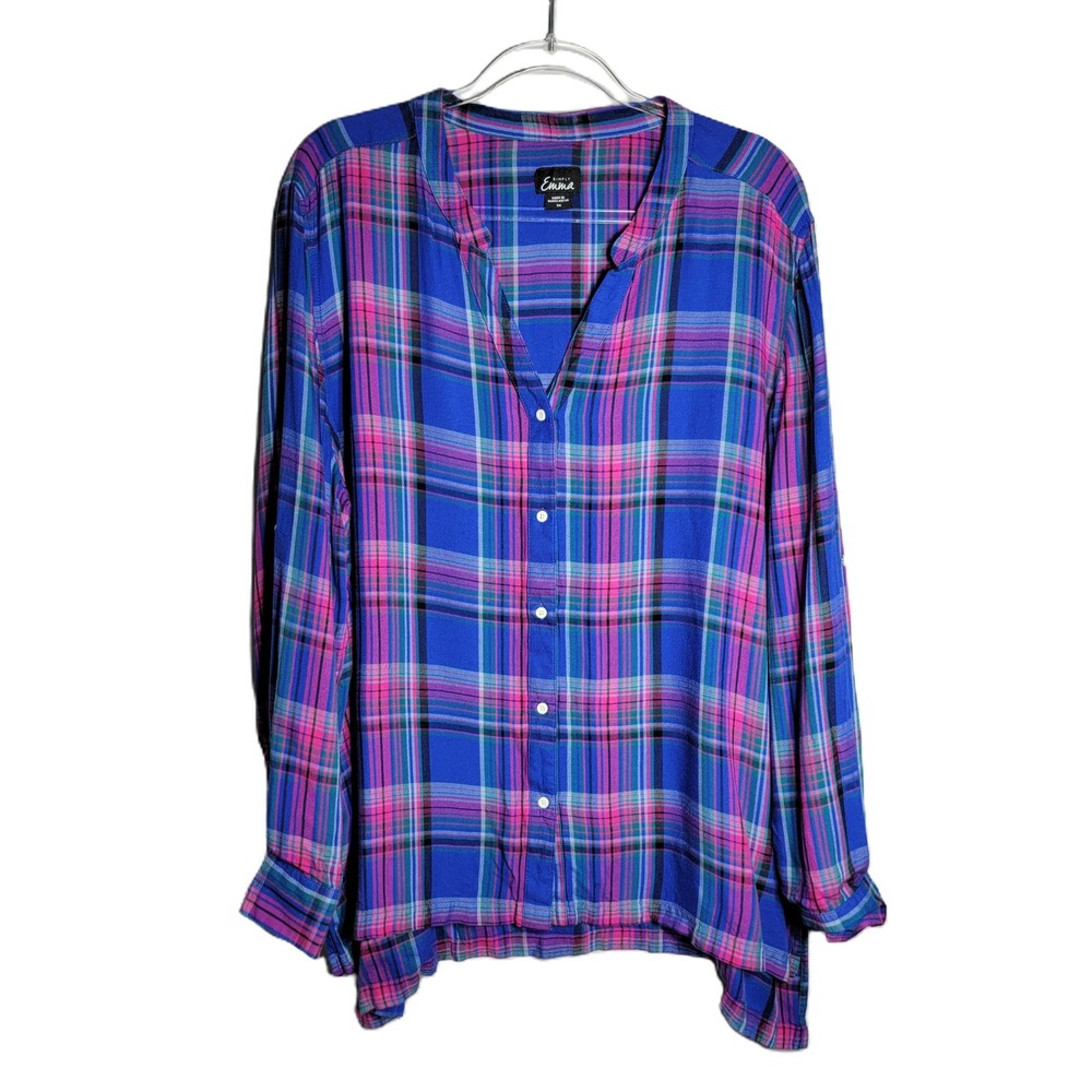 Simply Emma Women's Plaid Top Plus Size 2X Button‎ Long Sleeve Shirt Blue Pink